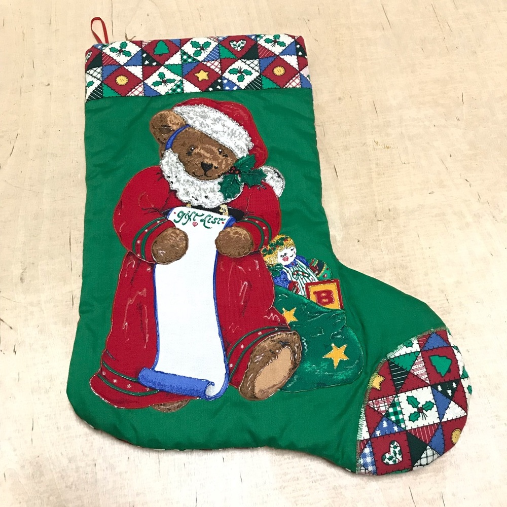 Christmas Stockings Santa Teddy Bear Green Red